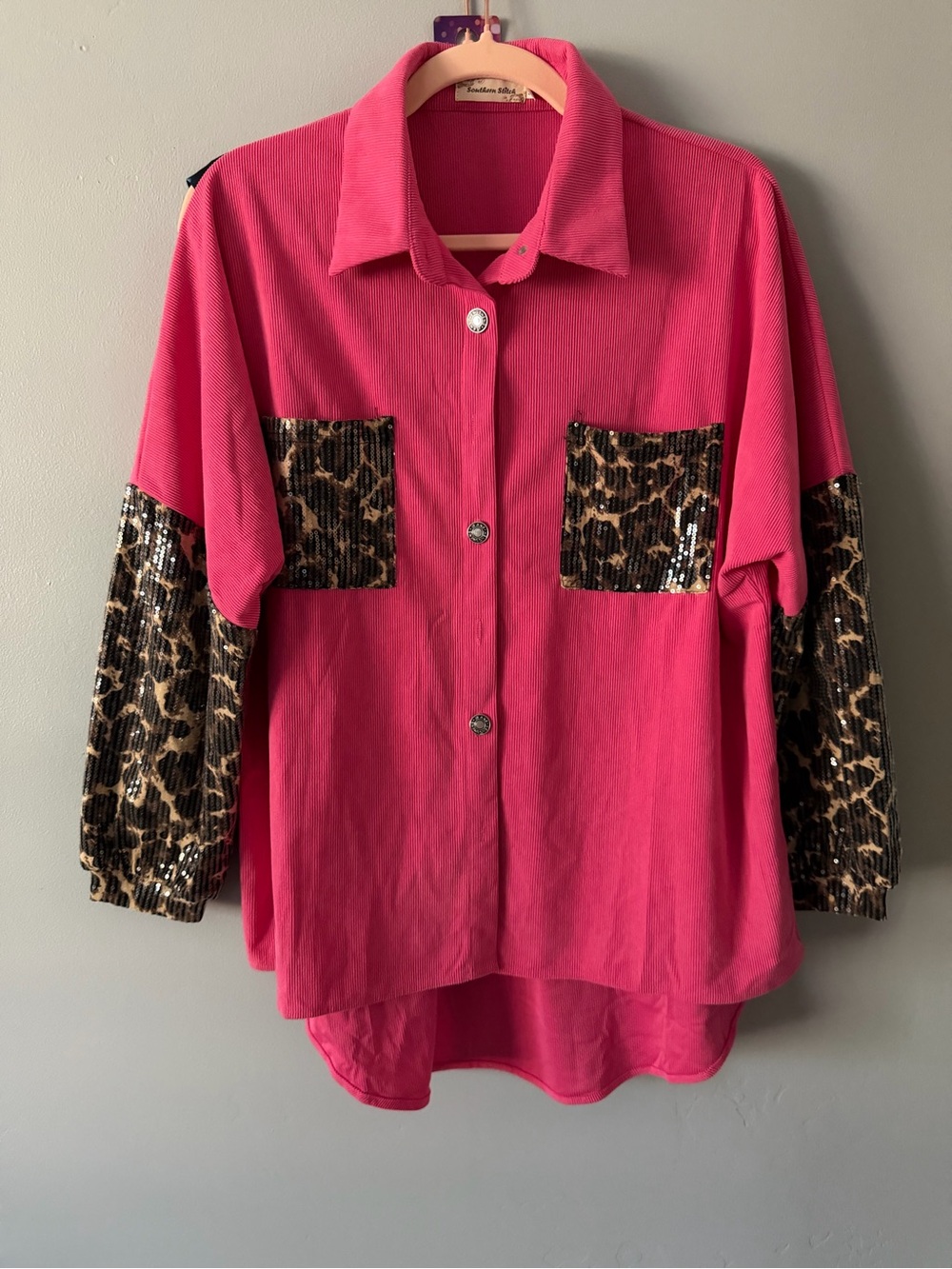 #015Hot Pink Button-Down Shirt with Leopard Sequin Accents